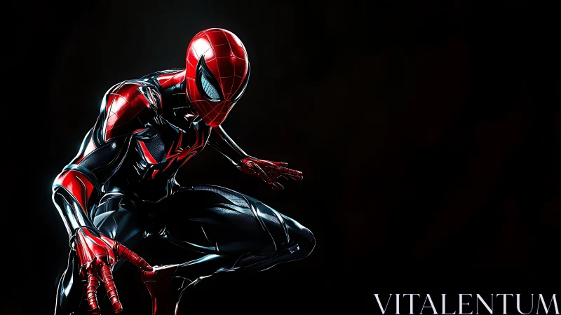Red and black armored spider-like hero crouches in darkness
