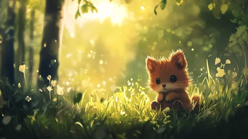 Backlit baby fox in luminous forest glade digital painting