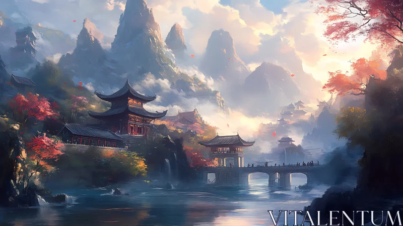 Ancient riverside pagoda complex bathed in atmospheric mountain light