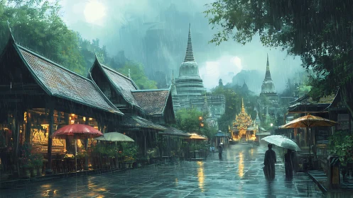 Monsoon lanterns and temple spires in emerald rainlight.