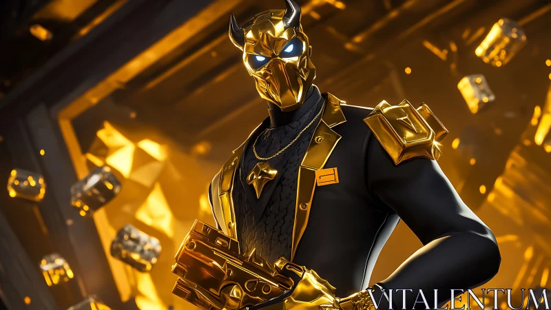 Armored gold-masked warrior rendered in high-gloss 3D lighting