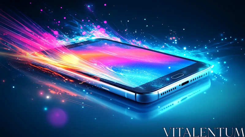 Explosive neon energy streams bursting from smartphone screen.