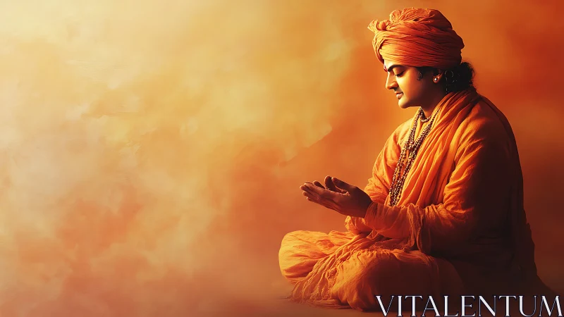 Monk in saffron robes meditates in diffuse golden haze