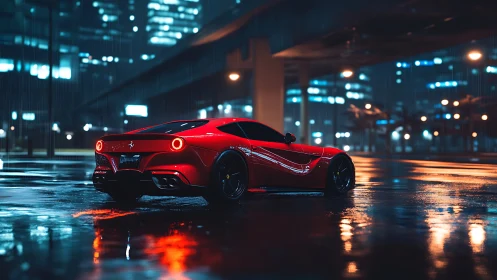 Aerodynamic red supercar under neon-lit rainy overpass.