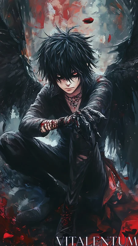 Dark fallen angel crouches amid swirling crimson storm.