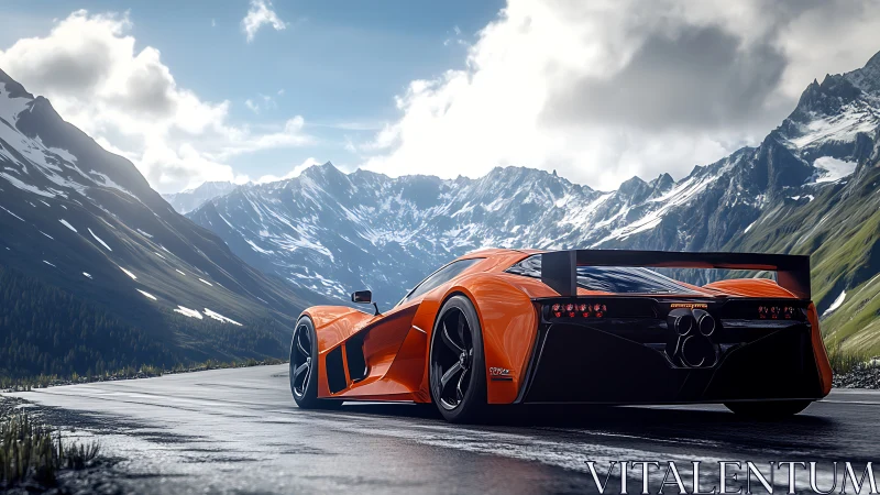 Bright orange supercar savors a winding road in calm mountains