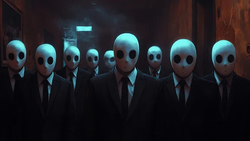 Surreal masked figures in suits filling eerie corridor.