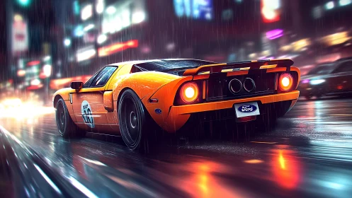 Digital painting of orange race car on neon wet city street.