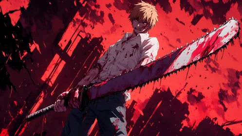 Blood-soaked anime swordsman poses with oversized chainsaw blade