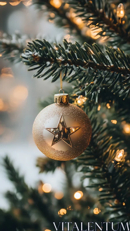 Gold star ornament on evergreen Christmas tree branch.