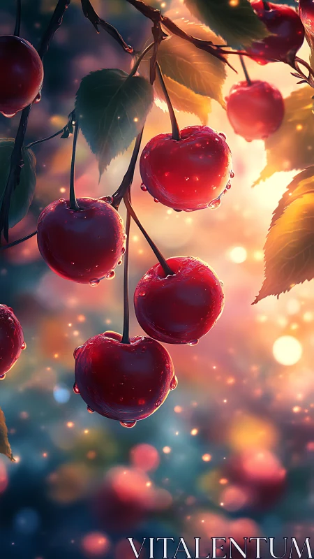 Macro study of dewy cherries under warm backlit bokeh glow