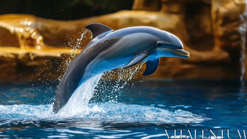 Dolphin arcs through vivid blue pool under warm golden light.