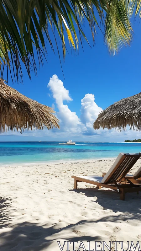 Tropical beach paradise with thatched umbrellas and turquoise waters.