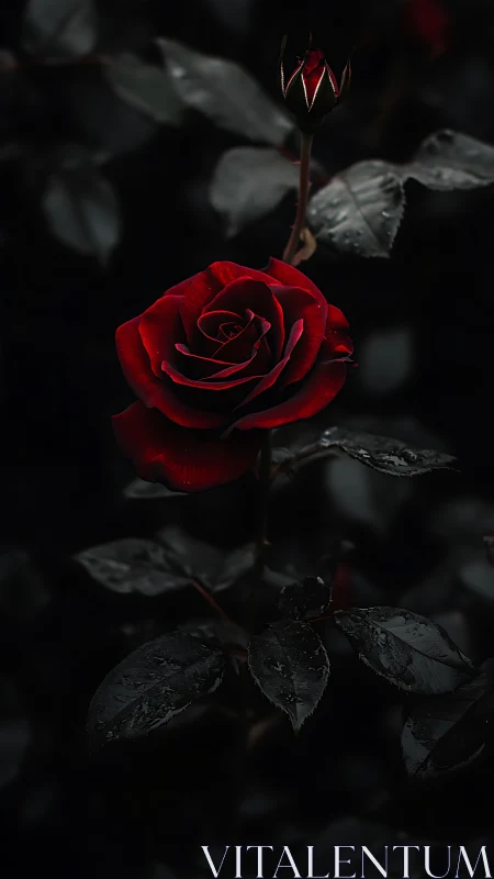 Crimson Rose Blooms Against Obsidian Darkness