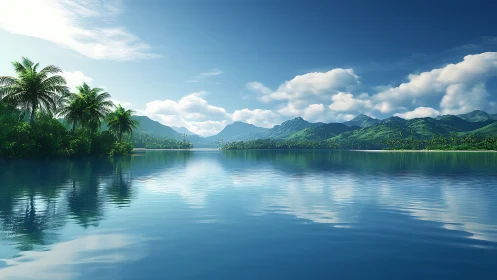 Tropical Lake with Mountain Range and Reflected Sky