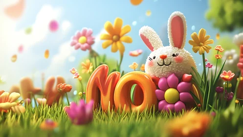 3D plush bunny in spring meadow with colorful floral typography