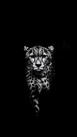 Monochrome cheetah portrait emerging from black void.