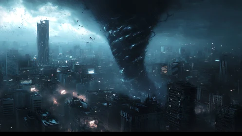 Massive vortex intersects dense high rise cityscape at night