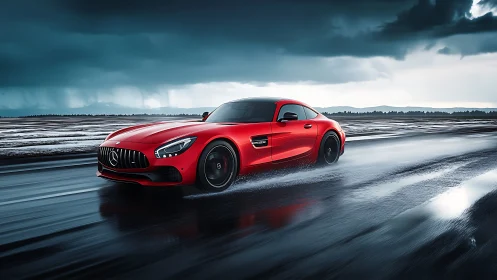 Red sports coupe powers through cinematic wet roadway.