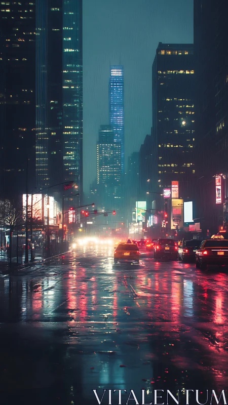 Neon rainstorm crowns a midnight canyon of glass and chrome.