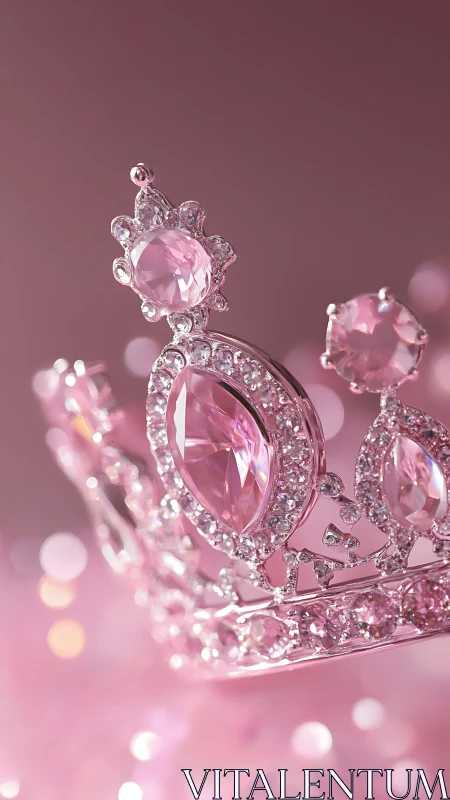Pink gemstone tiara in close-up against soft bokeh background.