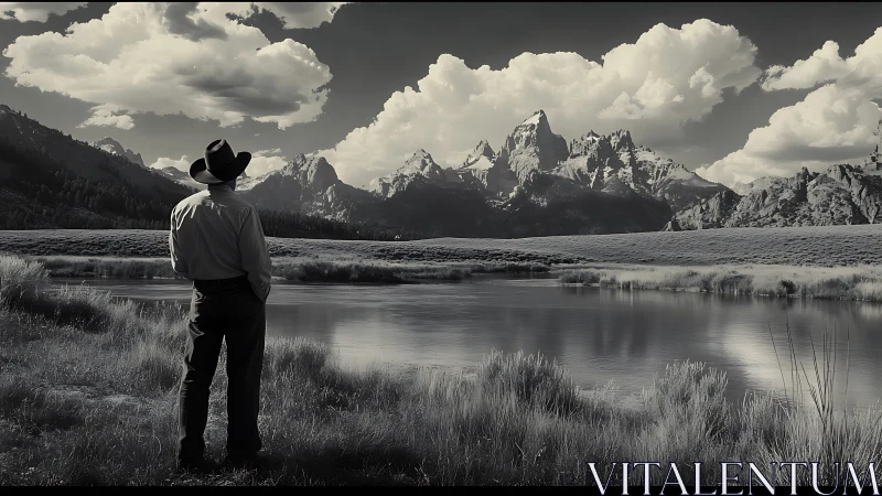 Lone cowboy quietly admiring calm river and rugged peaks.