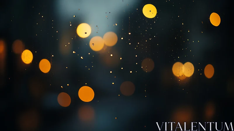 Soft city lights through a rainy evening window glow.