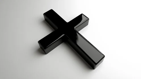 Glossy black cross in minimalist 3D studio-style composition.