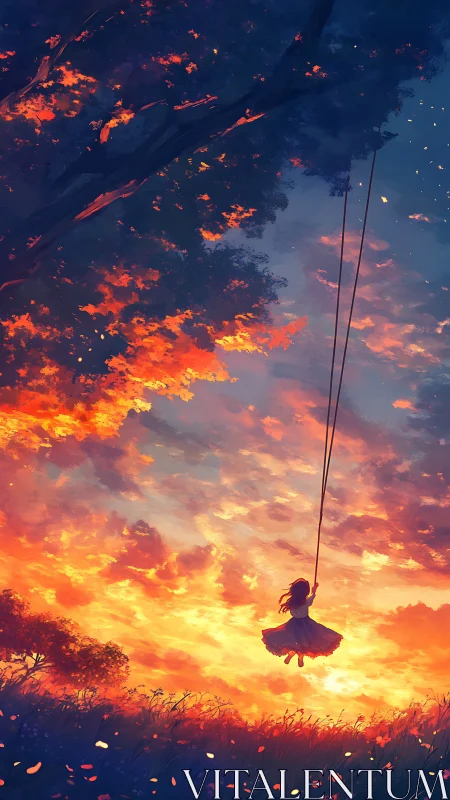 Girl on sunset swing beneath blazing twilight sky.