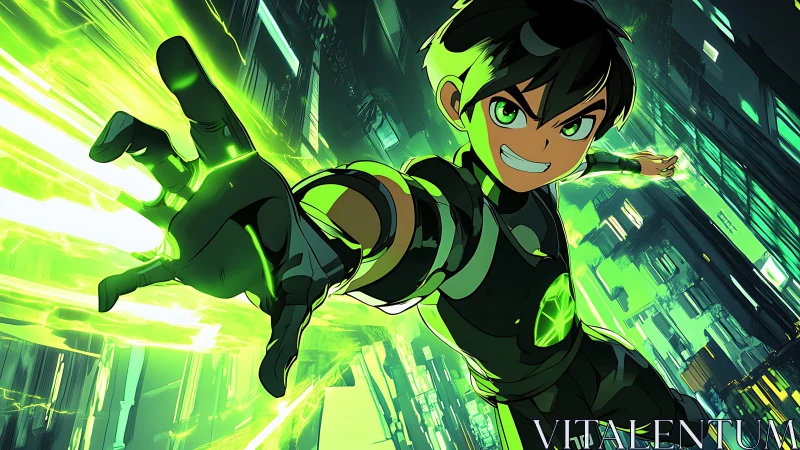 Energetic cyber-hero in green plasma-ignited urban descent.