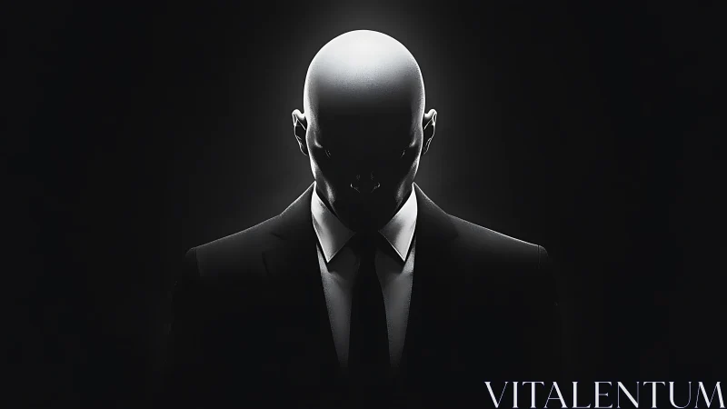Bald suited figure stands in dramatic low key lighting
