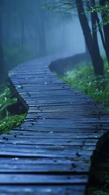 Curved wooden boardwalk in misty blue forest rainstorm.