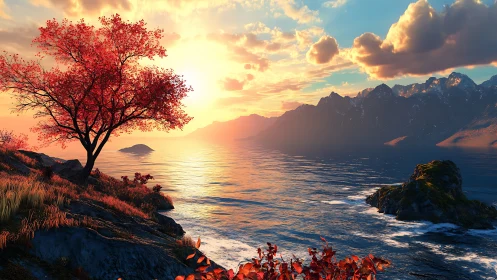 Radiant autumn tree above sunlit mountain coastline.