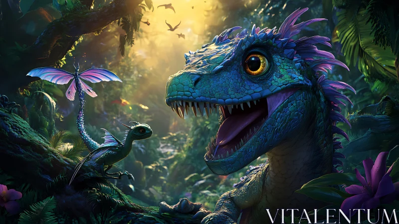 Smiling baby dragon watches glowing winged companion in jungle