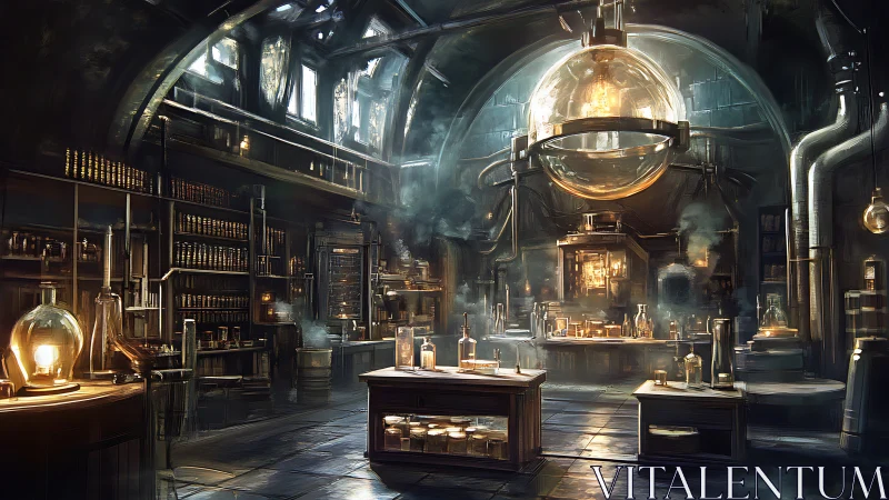 Vaulted steampunk alchemy lab under glowing glass sphere.
