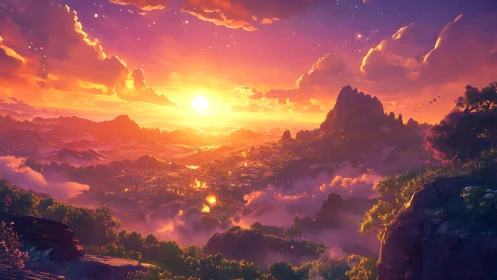Radiant fantasy valley glows under a dreamy sunrise sky