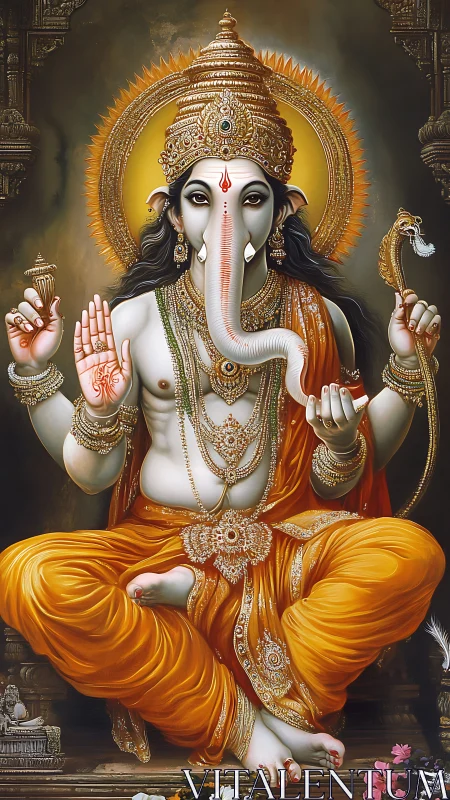 Elephant-headed deity seated frontally in ornate golden shrine