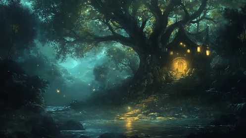 Soft lantern light welcomes wanderers to a hidden forest home