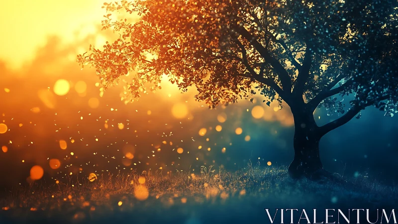 Golden dusk tree under drifting bokeh lights. Period.