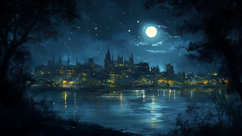 Moonlit gothic city skyline reflected on tranquil river.