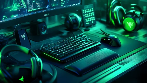 Neon gaming battlestation glows with sleek focused energy