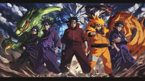 Powerful anime ninjas standing with giant spirit beasts.