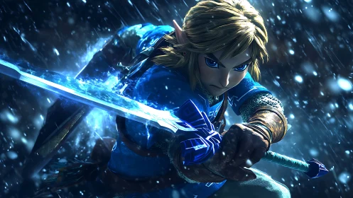 Heroic swordsman charges through icy storm in vivid motion.