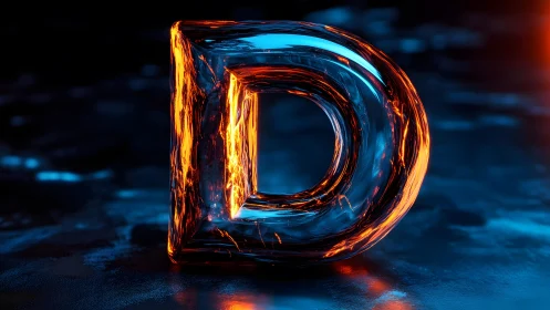 Glass Letter D with Fiery Orange Highlights in Futuristic Style.