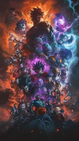 Anime warriors converge amid fire and lightning energy clash.