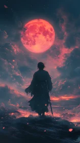 Lone katana warrior silhouetted beneath luminous crimson moon