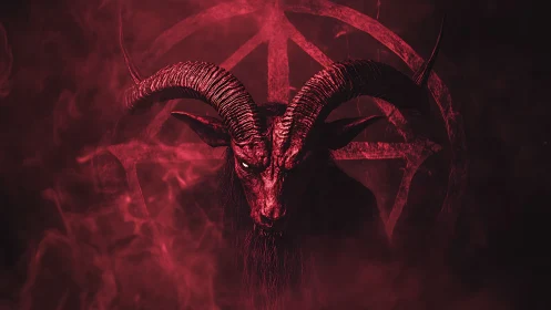 Crimson horned guardian emerging from swirling night mist.