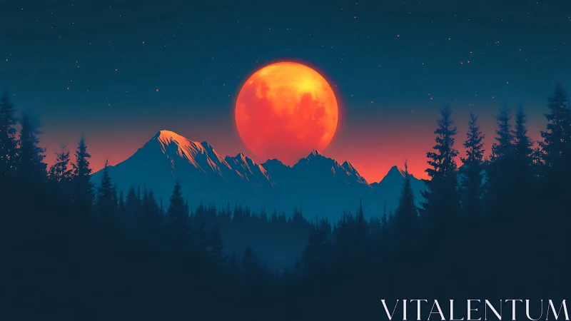 Red moon over dark mountain range and forest skyline.