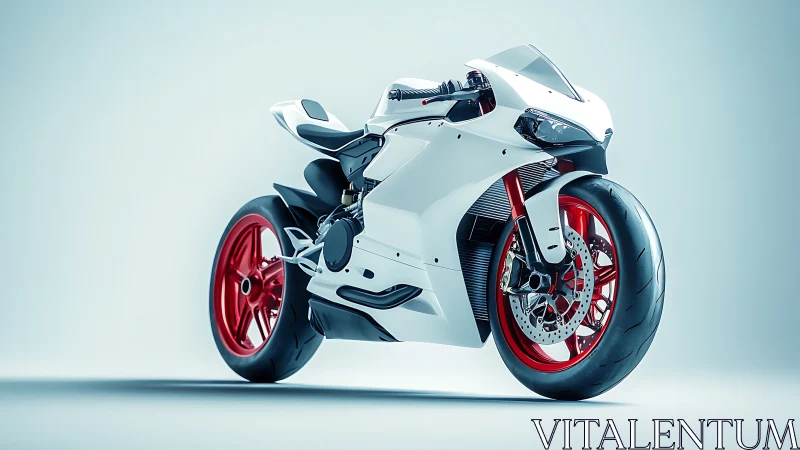 Futuristic white sport motorcycle with bold red wheels.