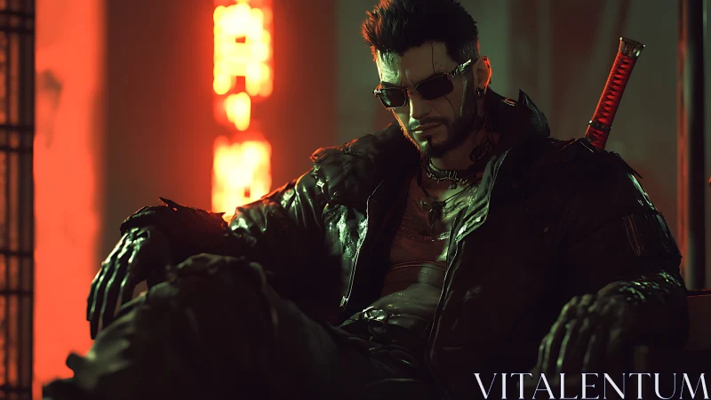 Brooding cyberpunk enforcer under neon red glow.